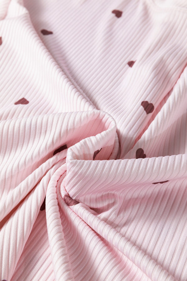 Light Pink Valentine Heart Shape Print Ribbed Knit Short Lounge Set