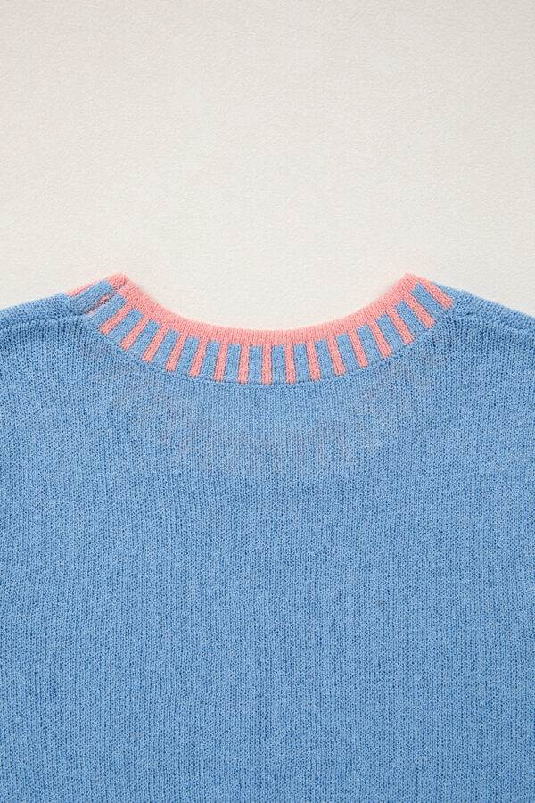 Sky Blue Contrast Trim Round Neck Sleeveless Sweater