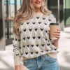 Parchment Geometric Heart Print Ribbed Trim Loose Sweater