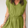 Fern Green Solid V Neck Cap Sleeve Tunic Elastic Waist Versatile Maxi Dress