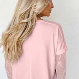 Light Pink Solid Color Bow Textured Patchwork Long Sleeve Tee