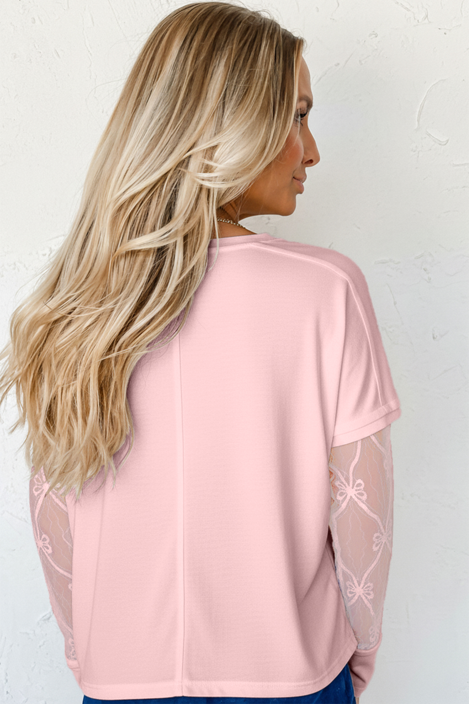 Light Pink Solid Color Bow Textured Patchwork Long Sleeve Tee - Image 2