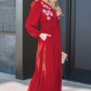 Racing Red Contrast Embroidered Detail Cinched Waist Tiered Long Sleeve Maxi Dress