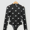 Black Vintage Polka Dot Print Mesh Long Sleeve Bodysuit