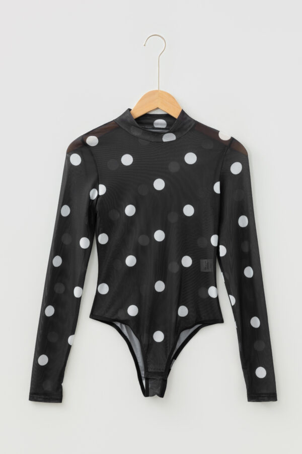 Black Vintage Polka Dot Print Mesh Long Sleeve Bodysuit