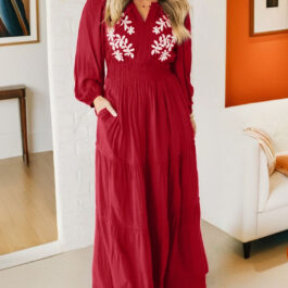 Racing Red Contrast Embroidered Detail Cinched Waist Tiered Long Sleeve Maxi Dress