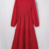 Racing Red Contrast Embroidered Detail Cinched Waist Tiered Long Sleeve Maxi Dress