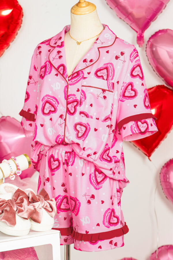 Pink Sweet Heart Cake Print Contrast Ruffle Trim Valentines 2pcs Pajama Set