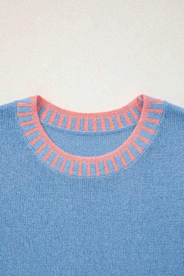 Sky Blue Contrast Trim Round Neck Sleeveless Sweater