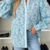 Sky Blue Paisley Print Puff Sleeve Loose Shirt