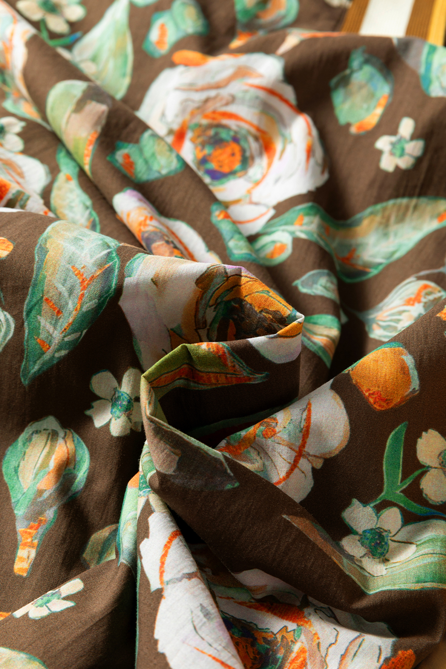 Brown Floral Print Contrast Trim V Neck Pocketed Long Sleeve Mini Dress - Image 10