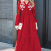 Racing Red Contrast Embroidered Detail Cinched Waist Tiered Long Sleeve Maxi Dress