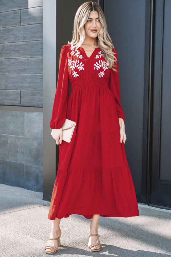 Racing Red Contrast Embroidered Detail Cinched Waist Tiered Long Sleeve Maxi Dress