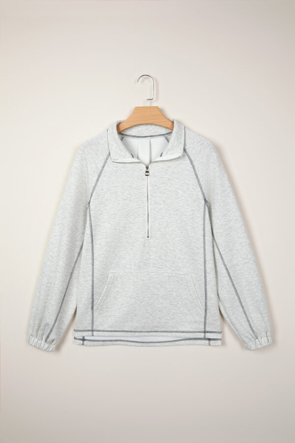 Light Grey Half Zip Stand Neck Seam Detail Long Sleeve Top