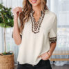 Jet Stream Leopard Patchwork Trim Split Neck Short Sleeve Blouse