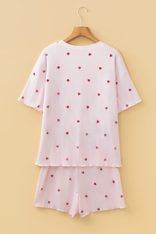 Light Pink Valentine Heart Shape Print Ribbed Knit Short Lounge Set
