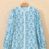 Sky Blue Paisley Print Puff Sleeve Loose Shirt