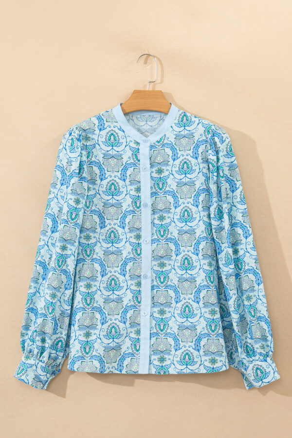 Sky Blue Paisley Print Puff Sleeve Loose Shirt