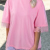 Pink Eyelash Floral Lace Patchwork Half Sleeve Oversize Tee