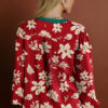 Red Contrast Tied Neck Shirred Puff Sleeve Flower Blouse