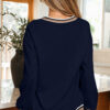 Navy Blue Varsity Contrast Striped Trim V Neck Sweatshirt