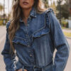 Dusk Blue Vintage Wash Denim Ruffle Detail Button Down Shirt