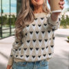 Parchment Geometric Heart Print Ribbed Trim Loose Sweater
