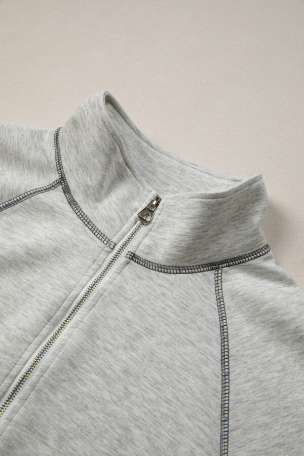 Light Grey Half Zip Stand Neck Seam Detail Long Sleeve Top