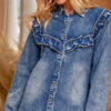 Dusk Blue Vintage Wash Denim Ruffle Detail Button Down Shirt