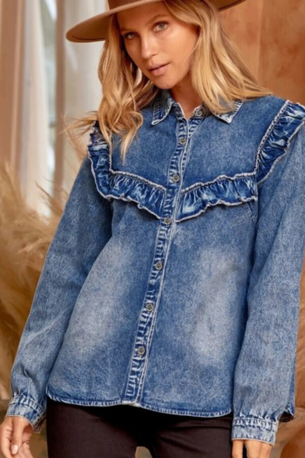 Dusk Blue Vintage Wash Denim Ruffle Detail Button Down Shirt