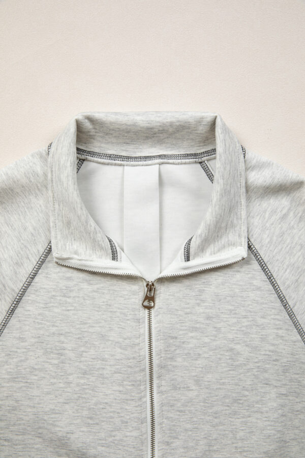 Light Grey Half Zip Stand Neck Seam Detail Long Sleeve Top