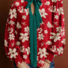Red Contrast Tied Neck Shirred Puff Sleeve Flower Blouse