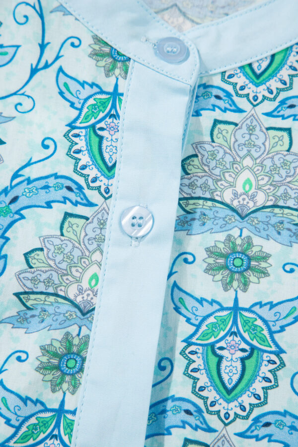 Sky Blue Paisley Print Puff Sleeve Loose Shirt