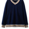 Navy Blue Varsity Contrast Striped Trim V Neck Sweatshirt