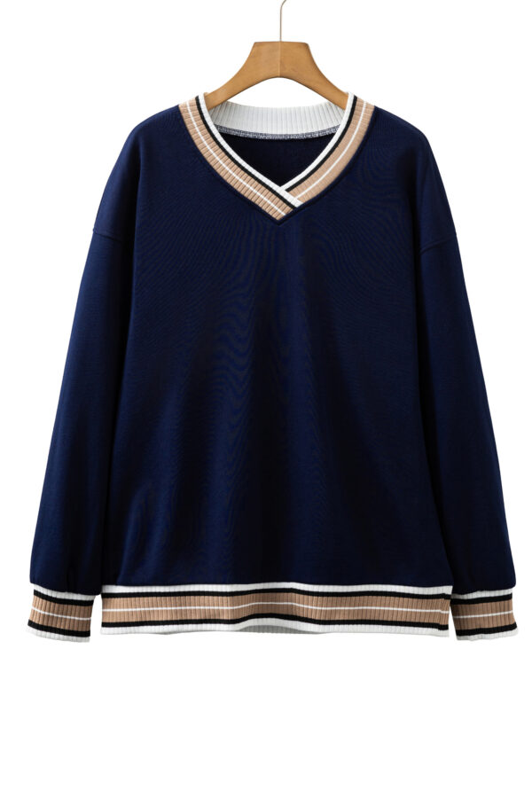Navy Blue Varsity Contrast Striped Trim V Neck Sweatshirt