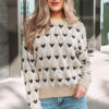 Parchment Geometric Heart Print Ribbed Trim Loose Sweater