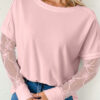 Light Pink Solid Color Bow Textured Patchwork Long Sleeve Tee