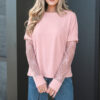 Light Pink Solid Color Bow Textured Patchwork Long Sleeve Tee