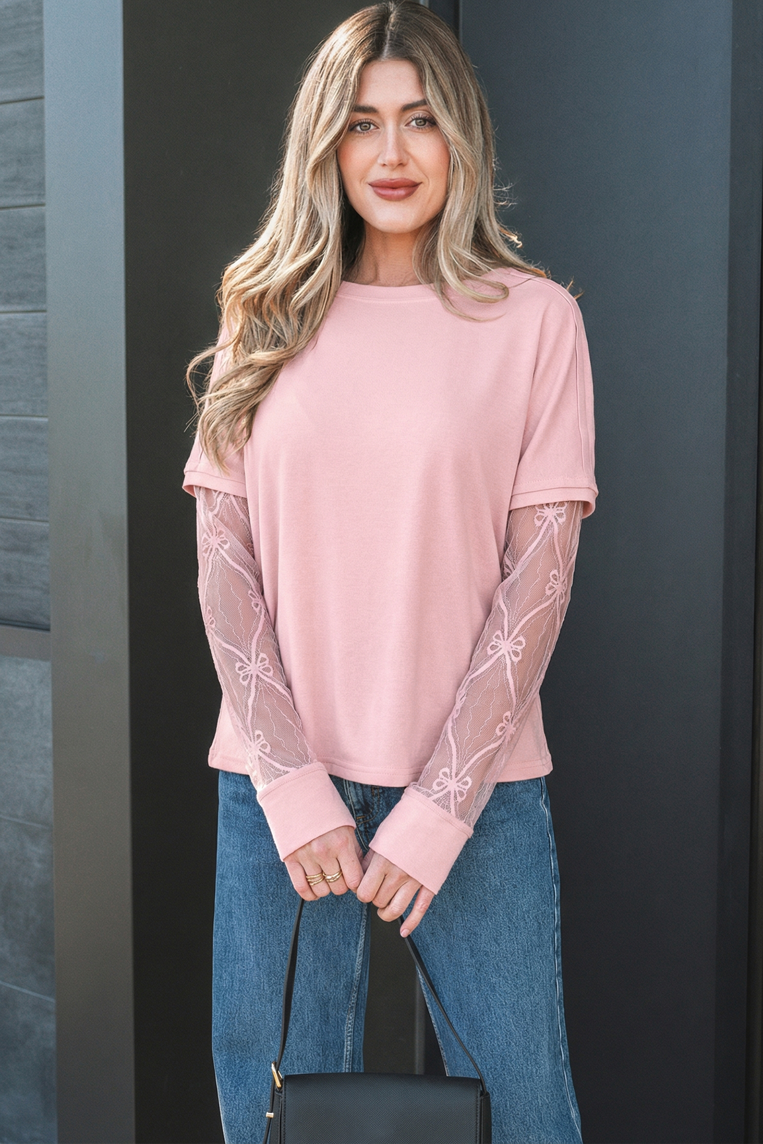 Light Pink Solid Color Bow Textured Patchwork Long Sleeve Tee - Image 3