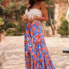 Blue Bohemian Floral Print Tiered Maxi Skirt with Split
