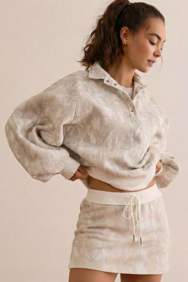 White Abstract Woodland Print Balloon Sleeve Pullover Drawstring Mini Skort Set