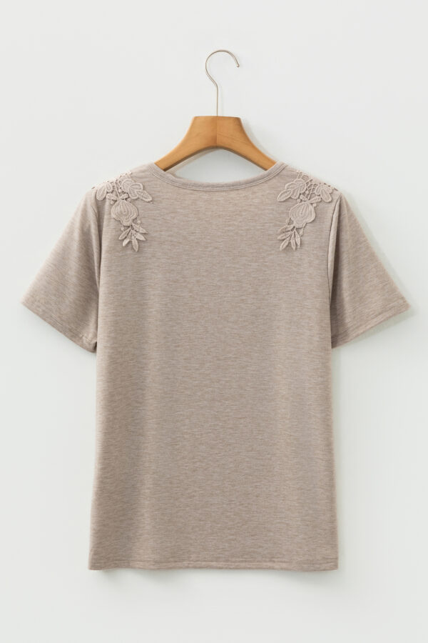 Smoke Gray Solid Color Lace Patched Detail Round Neck Tee