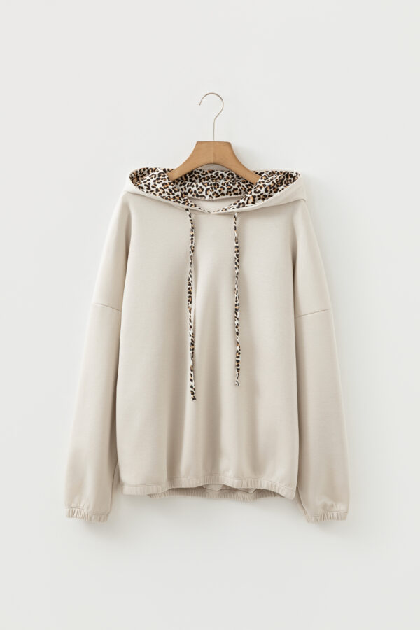 Black Leopard Contrast Drawstring Hood Drop Shoulder Loose Top