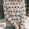 Parchment Geometric Heart Print Ribbed Trim Loose Sweater