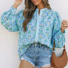Sky Blue Paisley Print Puff Sleeve Loose Shirt