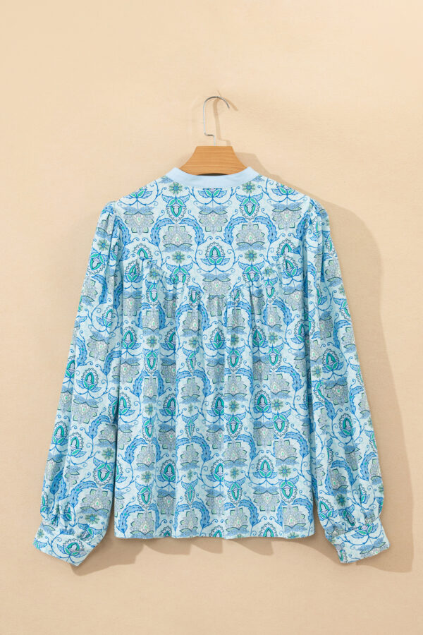 Sky Blue Paisley Print Puff Sleeve Loose Shirt