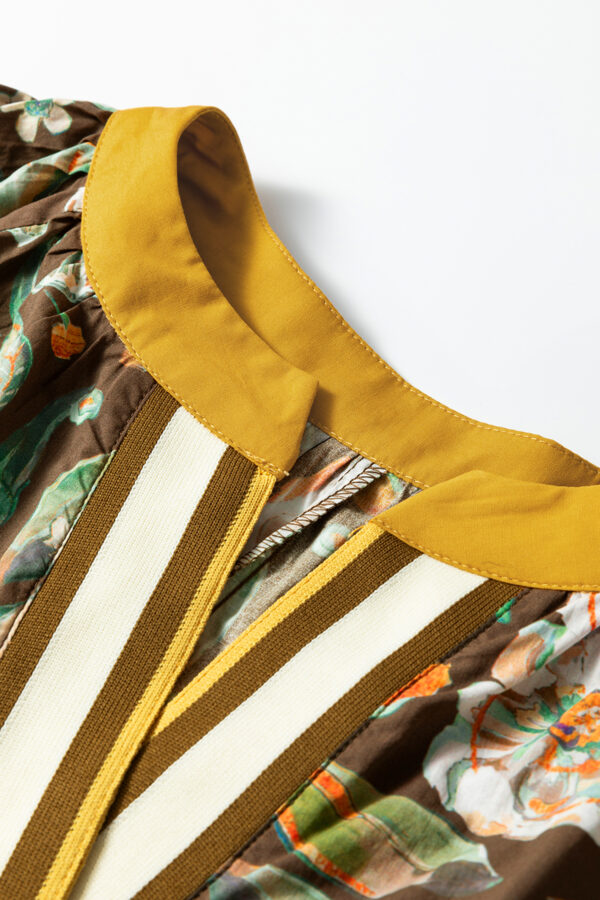 Brown Floral Print Contrast Trim V Neck Pocketed Long Sleeve Mini Dress