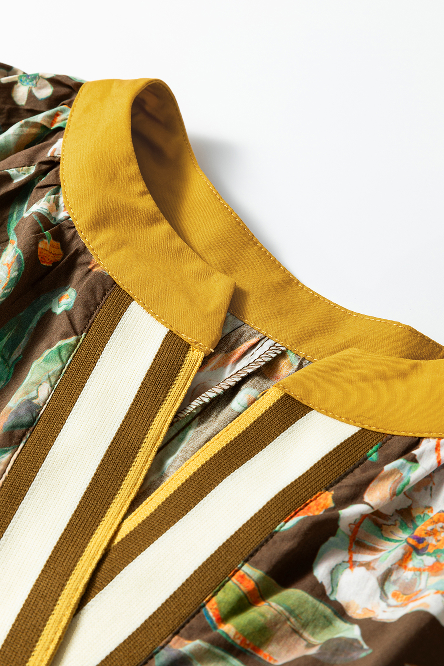 Brown Floral Print Contrast Trim V Neck Pocketed Long Sleeve Mini Dress - Image 7