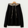Black Leopard Contrast Drawstring Hood Drop Shoulder Loose Top