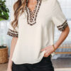 Jet Stream Leopard Patchwork Trim Split Neck Short Sleeve Blouse